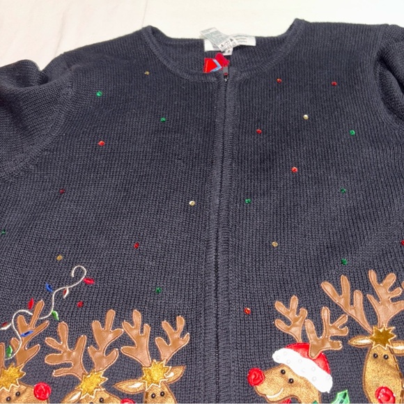 VTG TIARA INTERNATIONAL BlackCardigan  Reindeer Embroidery Full Zip Women’s SzXL - Picture 7 of 14